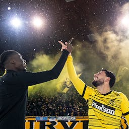 Niasse and Imeri cheering in front of the YB fans at Letzigrund